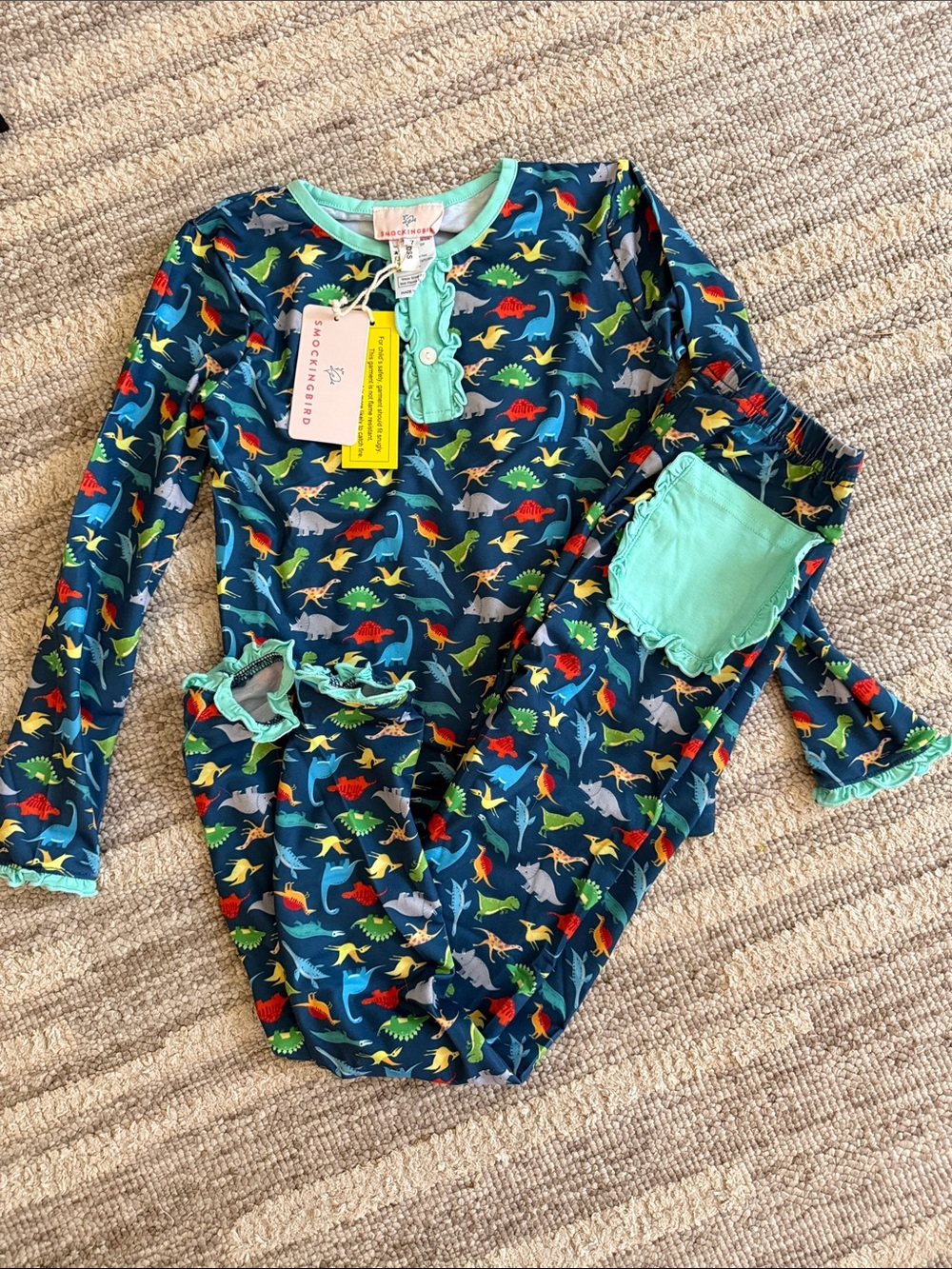 Kids Navy Blue Dinosaur pajama Set with Mint Accents
